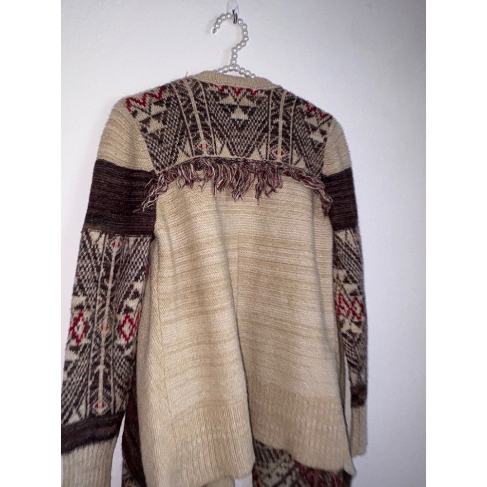 Knox Rose Women's Beige Southwestern Tribal Fringe Cardigan Sweater - Picture 5 of 9